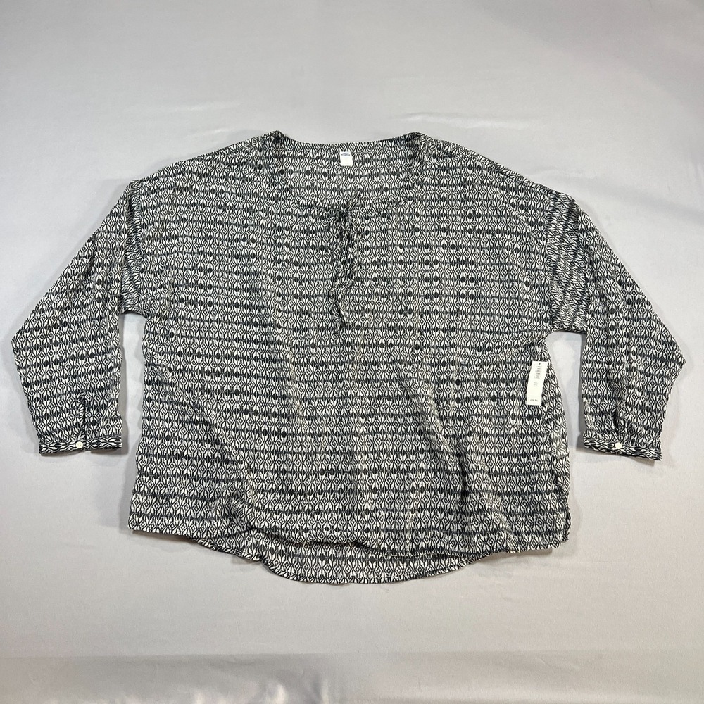 Old Navy Blouse Top Womens 2XL Black White Sheer Geometric Tie Front Long Sleeve